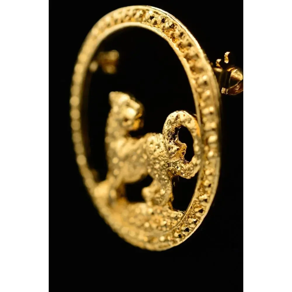 Vintage Leopard Pin Brooch Gold Wild Cat Jungle Antiqued Gold Tone 1980s 9B